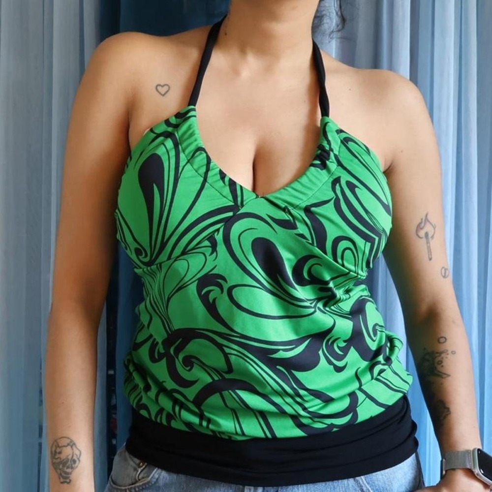 Green Swirly Backless Halter Top